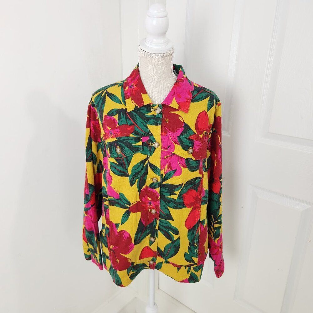 Tahari Jacket Womens 1X Yellow Pink Bright Floral Linen Resort Cruise Tropical